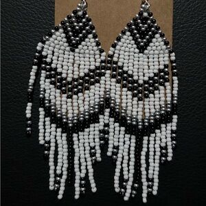 Black and white and silver beaded fringe earrings